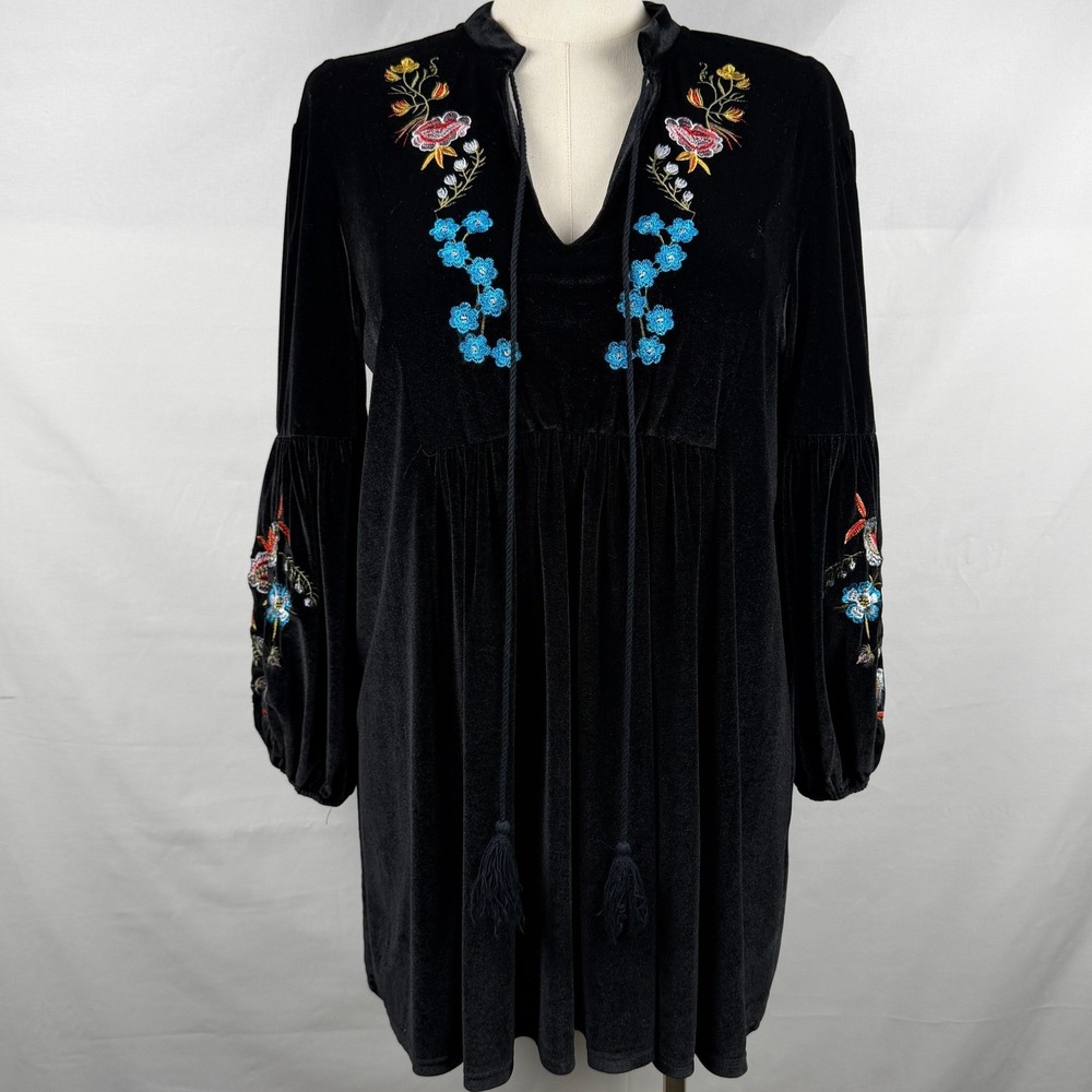 Black Velvet Embroidered Dress Fairy Grunge Whimsigoth Boho Balloon Sleeve XL - Picture 2 of 9